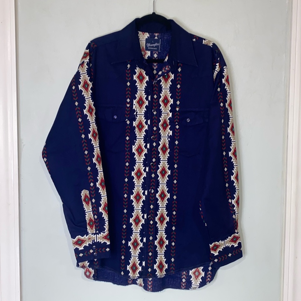 Vintage Wrangler Western Navajo Pattern Long Sleeve Blue Snap Button Shirt Sz L